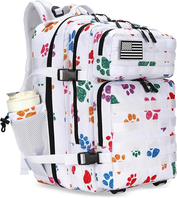 45L Tactical Assault Backpack 3 day assault pack with Molle Waterproof backpack Rucksack for Tactical Backpacks (Colorful paw prints)