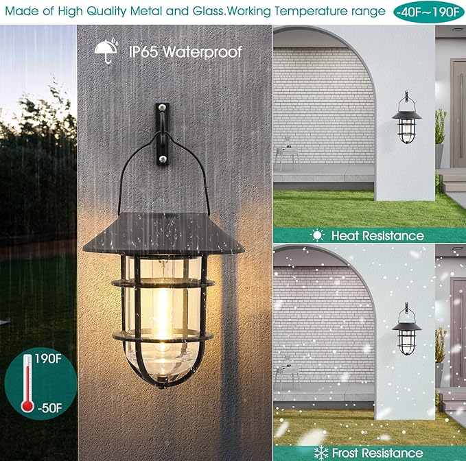 Upgrade Solar Outdoor Lights, Hanging Lantern, Waterproof Solar Lights with Wall Mount Kit for Garden Patio Porch Fence Decor 2 Pack