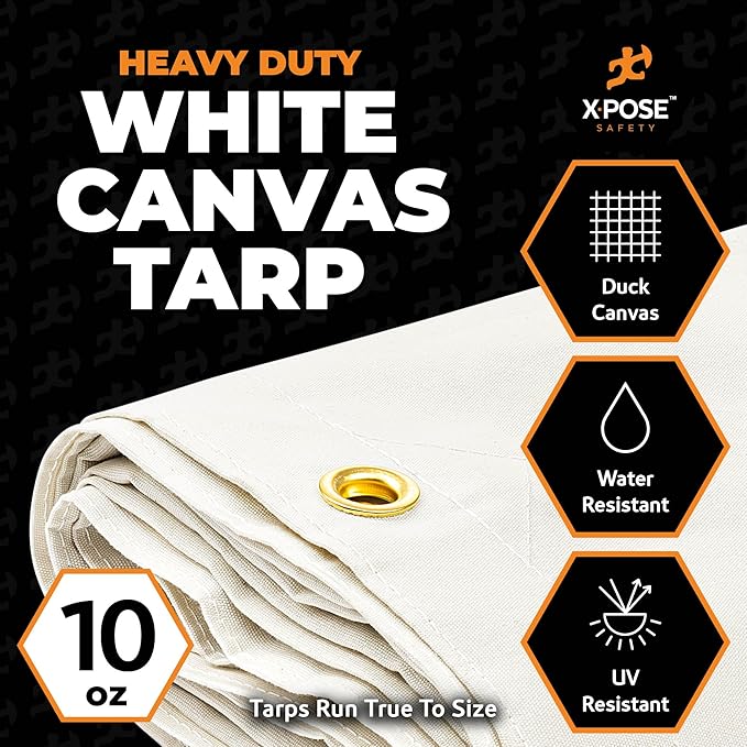 Xpose Safety Canvas Tarp - 10oz White Canvas Tarps Heavy Duty Water Resistant with Brass Grommets- Multipurpose Outdoor Tarpaulin for Camping, Canopy, Trailer, Equipment Cover 5' x 5'