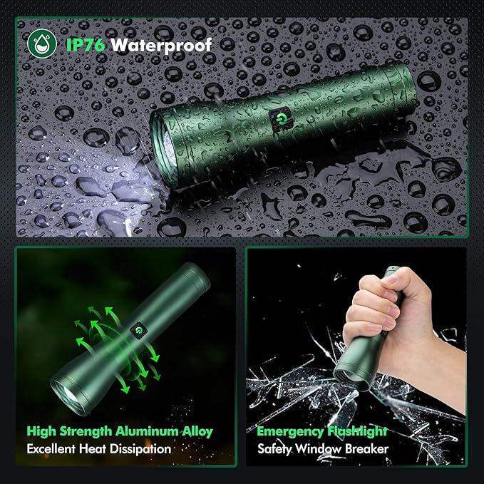 Rechargeable Flashlights 990,000L High Lumens 2 Packs, 140° Wider Beam Super Bright LED Handheld Tactical Metal Flash Lights with 3 Modes, USB C, Zoomable Beam, IP76 Waterproof for Emergency