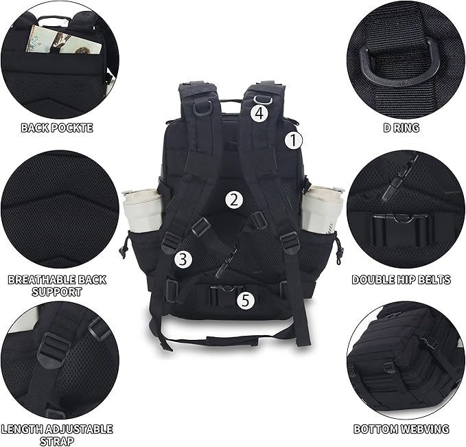 25L Tactical Backpack Small Military Tactical Backpack Molle Bag Heavy Duty Assault Pack for Work Gym Outdoors (Black)