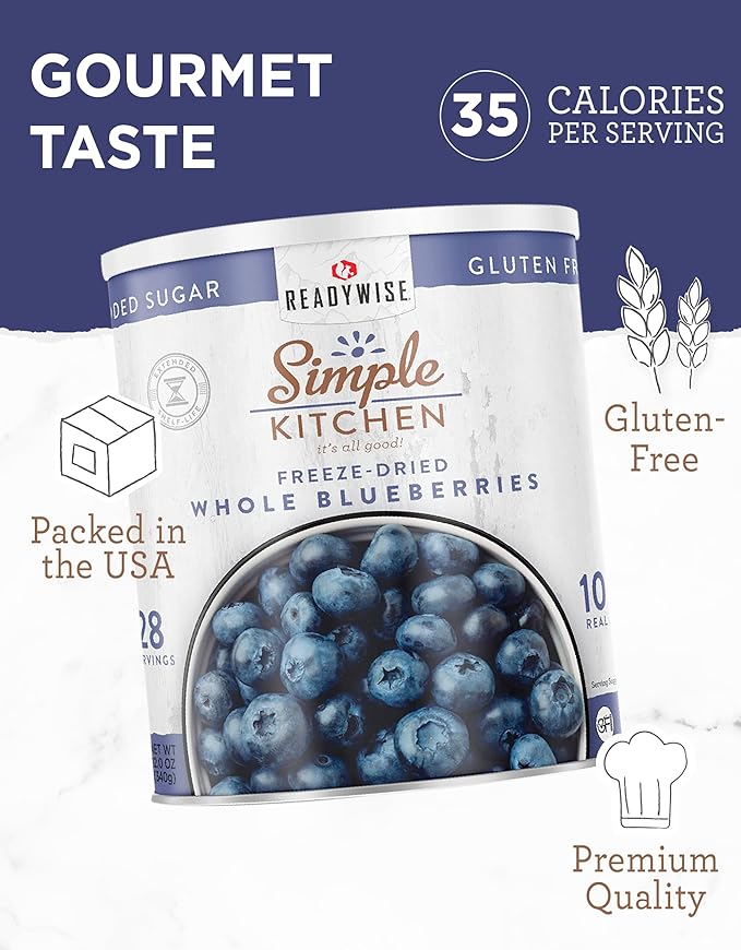 READYWISE - Simple Kitchen Freeze Dried Whole Blueberries, 28 Servings, Vegan, Gluten Free, Fruit Snacks, Emergency Supplies, Dehydrated Fruit, Blueberries