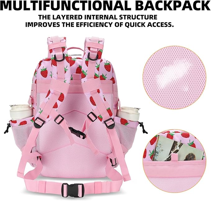 25L Tactical Military Backpack Small Travel Rucksack for Men and Women Assault Pack Bug Out Bag Molle Daypack Gym Backpack with Bottle Holder (Strawberry)