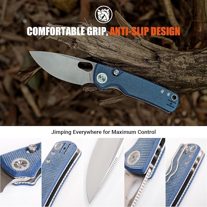 Vosteed Porcupine EDC Pocket Knife, Lightweight Folding knife - 2.99" 14C28N Steel Blade, Thumb hole, Blue Micarta Handle Top Liner Lock Knives for Camping Survival - A2605