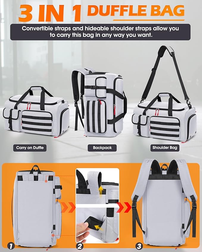 RAINSMORE Gym Bag for Men, 45L Sports Travel Duffel Bag with Shoe & Laptop Compartment, Gym Workout Backpack Carry On Weekender Bag Overnight Backpack for Travel, Grey