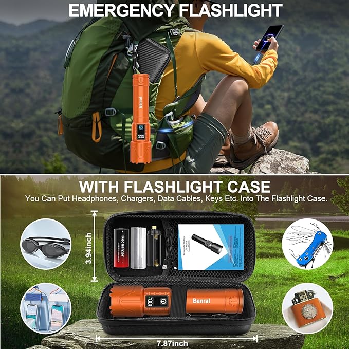 Rechargeable Flashlights High Lumens - Super Bright LED Tactical Flash Light, Powerful Waterproof Handheld USB C Flashlight for Camping,Emergencies,Home,5 Modes,Zoomable (2, Orange)