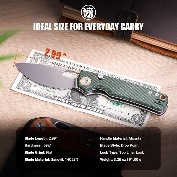Vosteed EDC Knife, 2.99" 14C28N Steel Wider Blade, Green Micarta Handle Top Liner Lock, Folding Pocket Knives with Clip for Men & Women, Survival Camping - Porcupine A2603