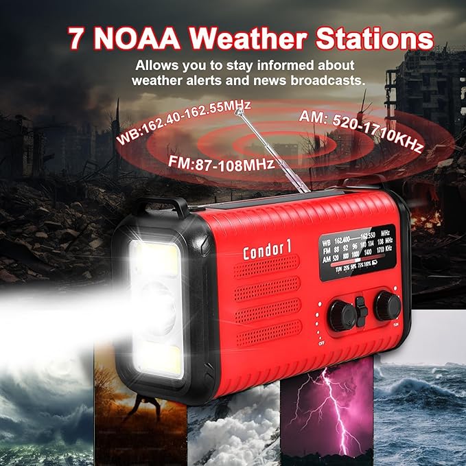 20000mAh / 74000mWh Emergency Radio, Solar Hand Crank Radio AM/FM/NOAA Weather Radio, Battery Powered with Cell Phone Charger, SOS Alarm, Flashlight & Reading Lamp (Red)