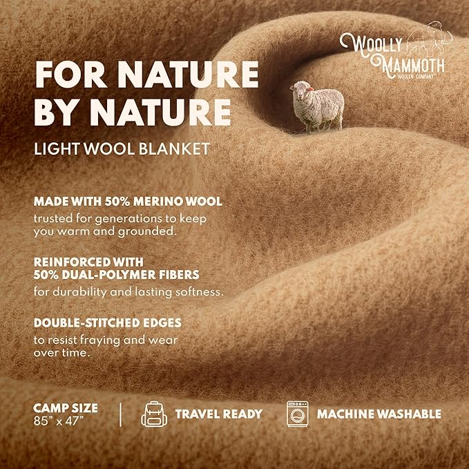 Woolly Mammoth 50% Wool Blanket - Warm, Thick Outdoor Throw for Winter - for Picnics & Travel, Machine Washable - 85" x 47", Beige - Wool Picnic Blanket