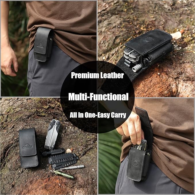 Topstache Leather Multitool Sheath for Belt - Multitool Holster for Belt - Leather Multitool Pouch Fits Folding Tool - Magnetic Closure EDC Belt Organizer - EDC Belt Pouch - Multitool Holder, Black