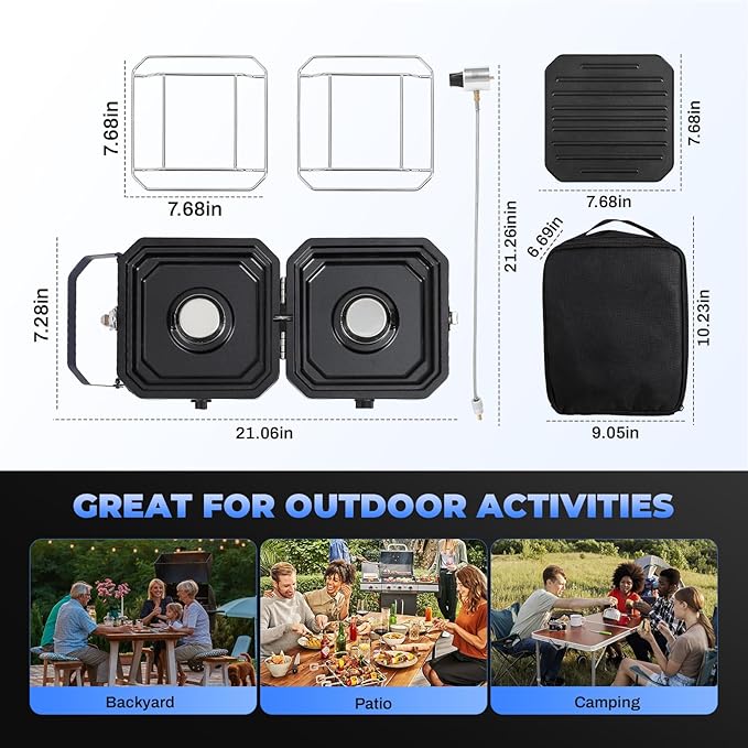 2-Burner Foldable Camping Stove with Griddle and Carrying Bag,16000 BTU Portable Propane Camp Stove with 2 Adjustable Burners & Piezo Ignition, for Camping, Home Backyard, Frying Turkey, Blue