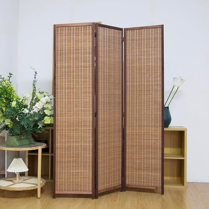 3 Panel Room Divider Screen,5.6 FT Tall Bamboo Room Divider Folding Privacy Screen,Freestanding Room Divider for Room Seperation,Brown