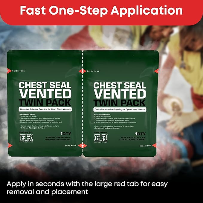 Vented Chest Seal with Quick Tear - 6.6” Square Occlusive Adhesive Dressing for Open Chest Wounds - 6-Pack (12-Counts)