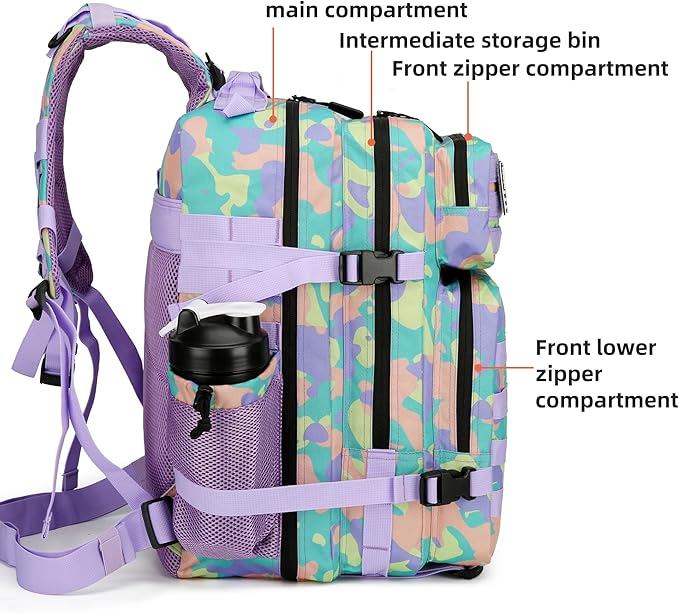 45L Tactical Assault Backpack 3 day assault pack with Molle Waterproof backpack Rucksack for Tactical Backpacks (PurpleGreenYellow)