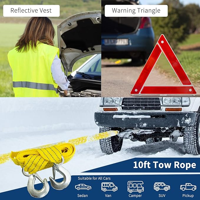 XOOL Car Emergency Kit - Roadside Safety Assistance Vehicle Emergency Kit Bag for Women Men with Jumper Cables, First Aid Kit, Tow Strap, Reflective Warning Triangle, Repair Tool Box