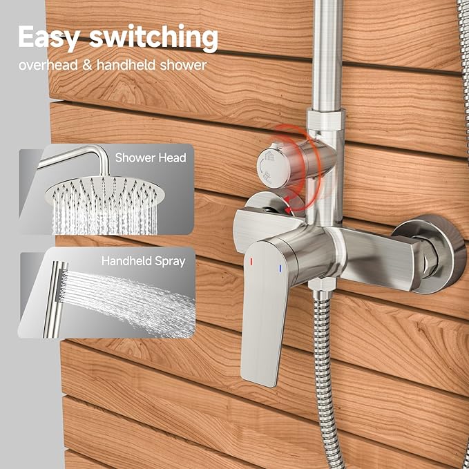 Rainsworth Outdoor Shower Kit Brushed Nickel - Single Handle Brass Valve, 10 Inch Rain Shower Head and Handheld Spray Shower Fixture Combo, SUS 304 Stainless Steel Wall-Mounted Faucet