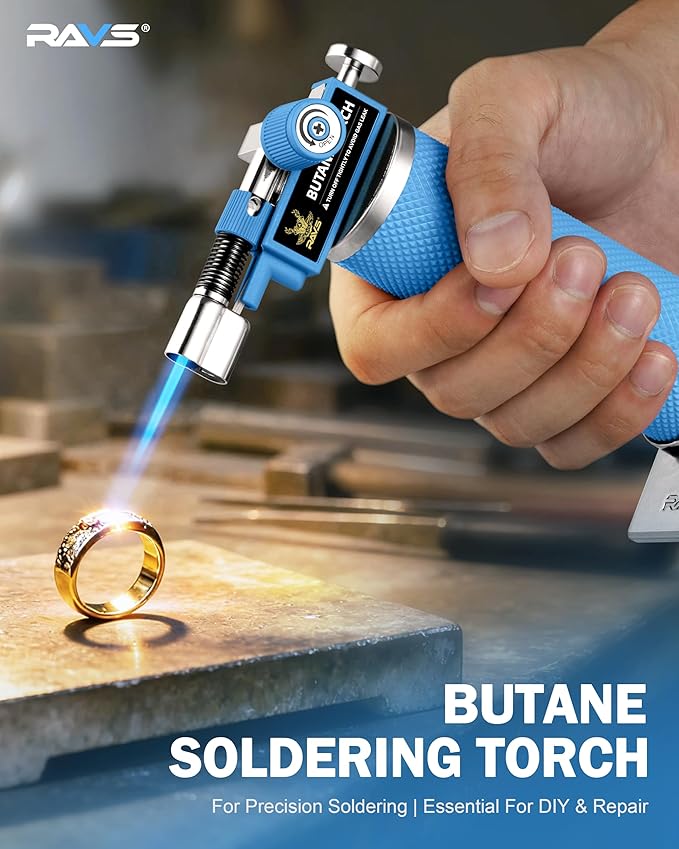 RAVS 2 Flame Mode Butane Torch, Kitchen Torch Lighter for Creme Brulee, Mini Torch with Adjustable Flame, Refillable Soldering Torches for Welding, Resin Art, Blue Cooking torch Butane not Include