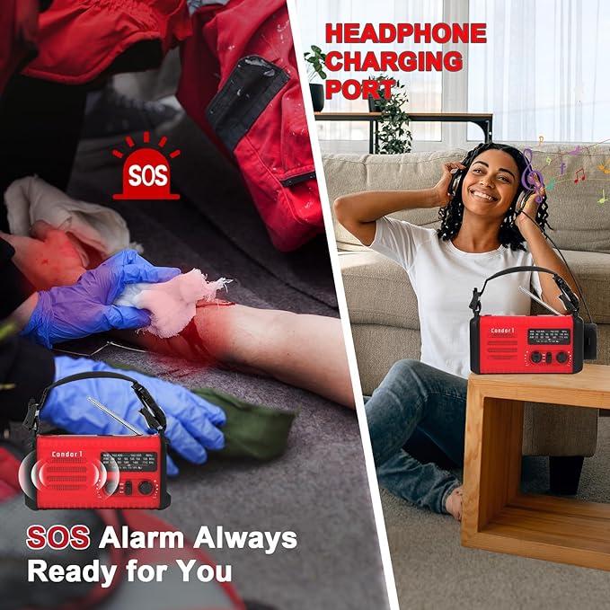 20000mAh / 74000mWh Emergency Radio, Solar Hand Crank Radio AM/FM/NOAA Weather Radio, Battery Powered with Cell Phone Charger, SOS Alarm, Flashlight & Reading Lamp (Red)