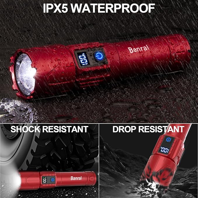 Rechargeable Flashlights High Lumens - Super Bright LED Tactical Flash Light, Powerful Waterproof Handheld USB C Flashlight for Camping,Emergencies,Home,5 Modes,Zoomable (1, Red)