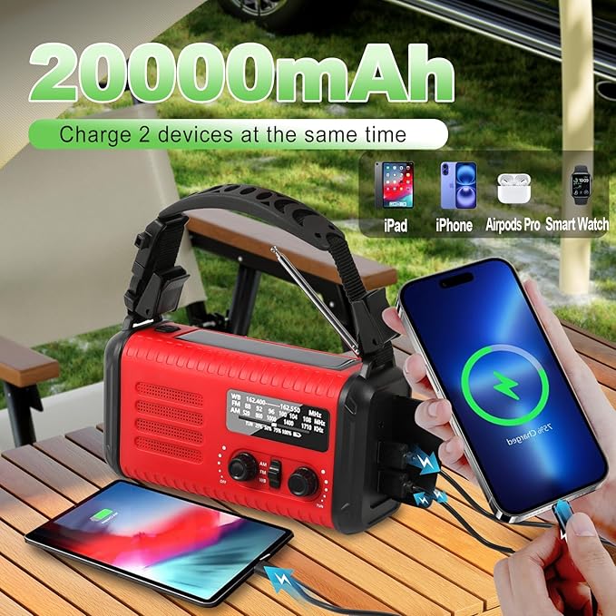 20000mAh/74000mWh Emergency Hand Crank Radio, NOAA Weather Radio with Am Fm NOAA, Solar Battery Operated Radios with Flashlight Cell Phone Charger, SOS Alarm, Compass &Reading lamp (Red)