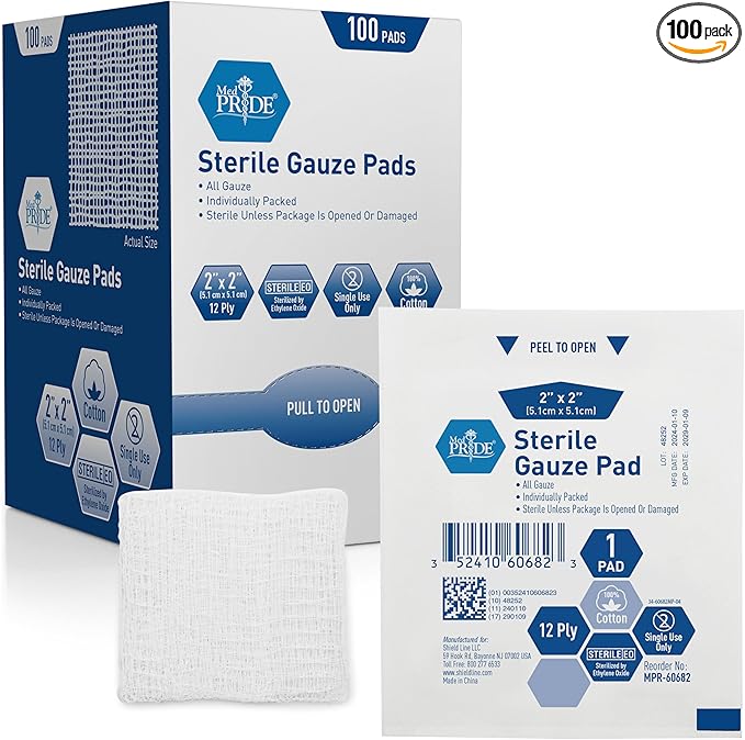 MED PRIDE Sterile Nonstick Gauze Dressing Pads, 12-Ply Cotton, Highly Absorbent, Individually Wrapped for Wound Care and First Aid (2x2 Inch (Pack of 100))