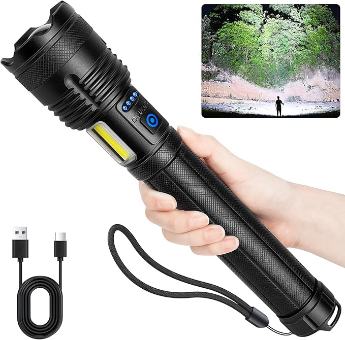 Rechargeable Flashlights 90000 High Lumen, 10000 ɱAh ΒATTERY LED Flashlight with Cob-Light for Home, Super Bright Flash Light 7 Modes, IPX7 Waterproof for Outdoor Camping