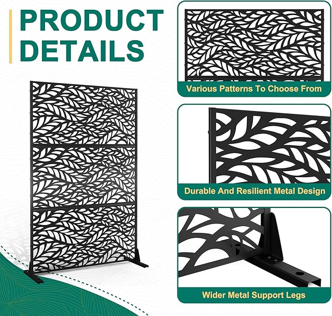 72" H47" W Metal Outdoor Privacy Screen - Freestanding, Decorative Fence (3 Panels)