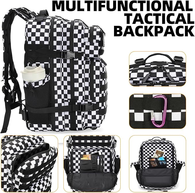 25L Tactical Military Backpack Small Travel Rucksack for Men and Women Assault Pack Bug Out Bag Molle Daypack Gym Backpack with Bottle Holder (Black White Checkered)