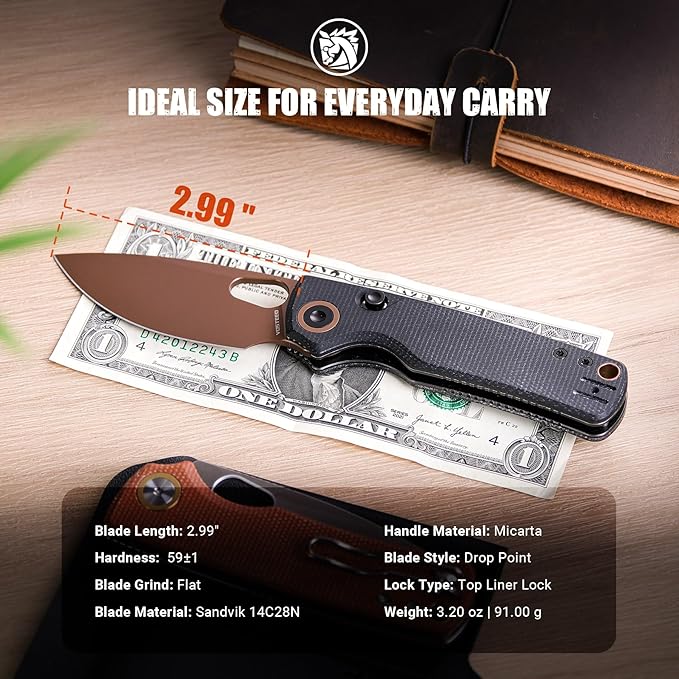 Vosteed Porcupine - EDC Pocket Knife, 2.99’’ 14C28N Steel Rose Gold Blade, Top Liner Lock Micarta Handle - Lightweight Folding knives with Clip for Men & Women Camping Outdoor-A2602
