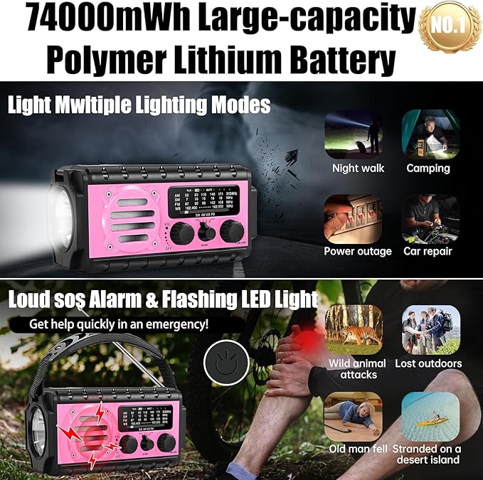 74000mWh Emergency Radio with NOAA Weather, Portable Hand Crank SW/AM/FM Survival Radio with Fast Charge Rechargeable Solar Battery, Flashlight, Reading Lamp,SOS Sirenor Home Outdoor(Pink)
