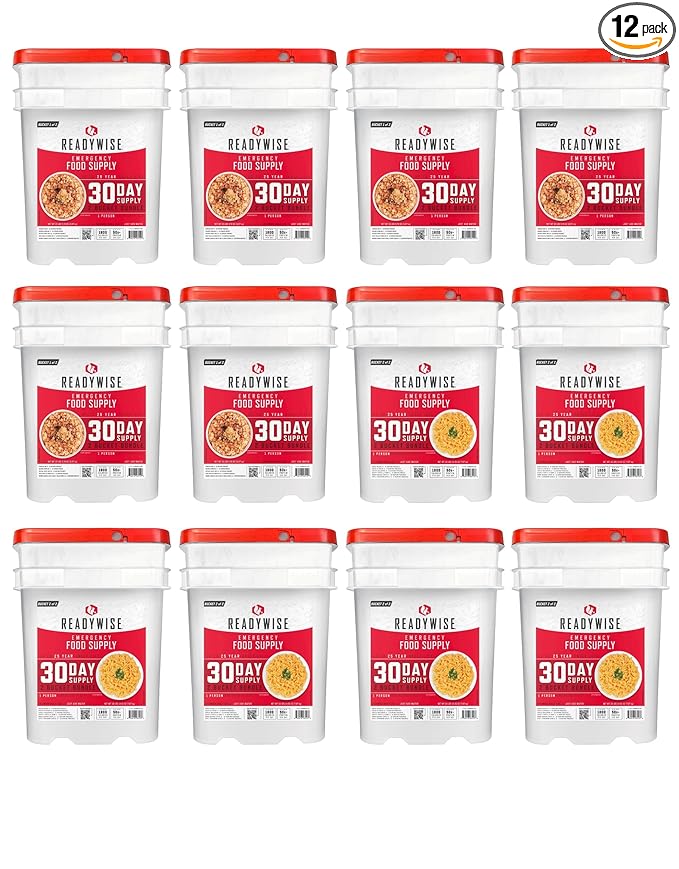 ReadyWise 6 Month Emergency Food Supply - 1,788 Servings, 12 Buckets Freeze Dried Protein Meals, Disaster Survival Food Storage, Ready to Eat, Camping Essentials, up to 25 Year Shelf Life