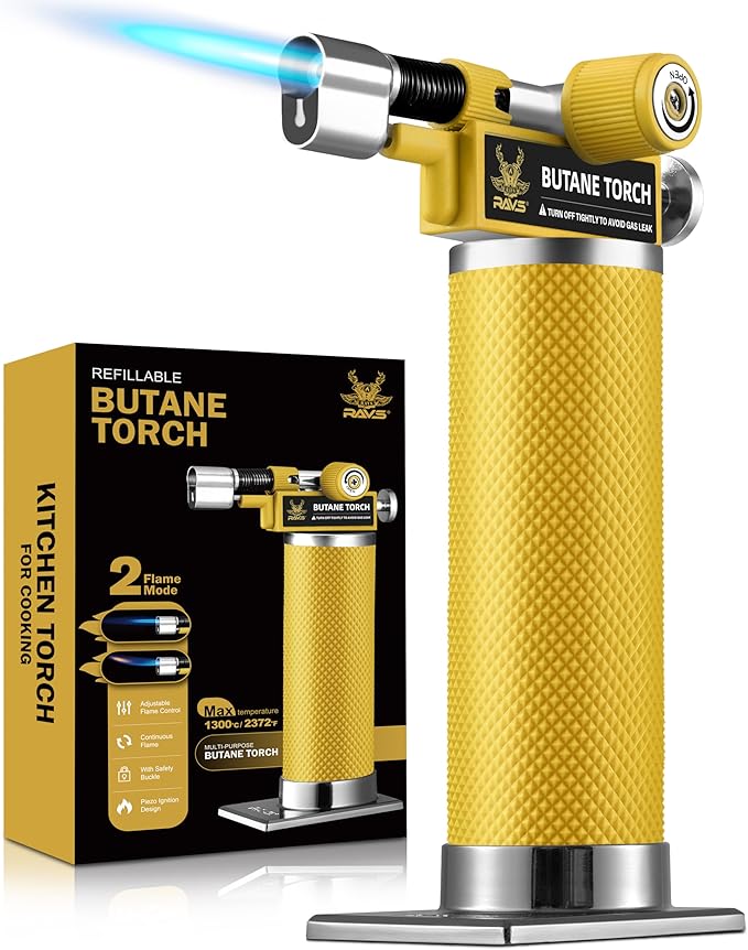 RAVS 2 Flame Mode Butane Torch Lighter, Refillable Kitchen Torch with Adjustable Flame and Safety Buckle, Yellow Jewelry Torch for Welding, Resin Art, Industrial, Butane Fuel not Include