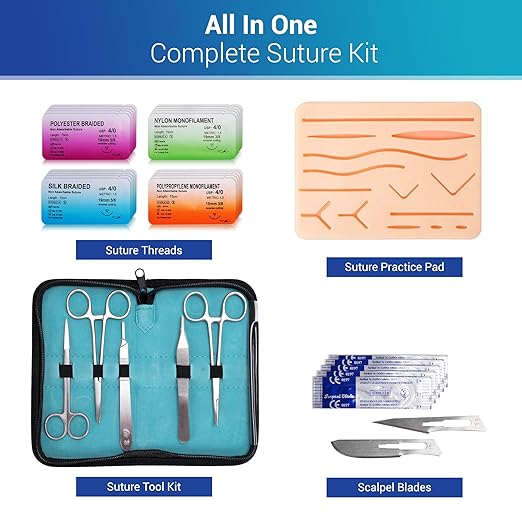 Alcedo Suture Practice Kit for Medical Students, Complete Set (32 Pieces) Include Durable Regular Suturing Pad with Pre-Cut Wounds, Tools Kit, and Suture Threads, Perfect for Practice and Education