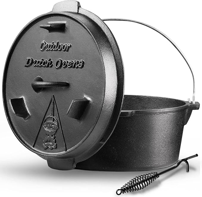 Camping Dutch Oven, 9 Qt Pre-Seasoned Camping Cookware Pot with Lid - Lid Lifter, Cast Iron Dutch Oven with Metal Handle for Cooking BBQ Baking Campfire Modern Black
