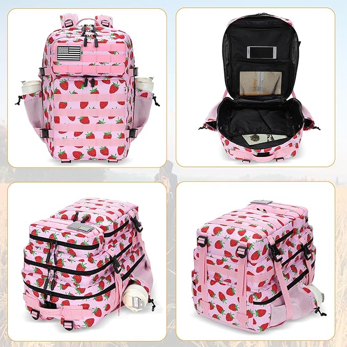 25L Tactical Military Backpack Small Travel Rucksack for Men and Women Assault Pack Bug Out Bag Molle Daypack Gym Backpack with Bottle Holder (Strawberry)