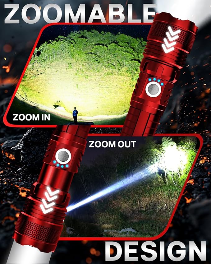 Victoper Red LED Flashlights, High Powered High Lumens Super Bright Tactical Flashlight, Rechargeable, 5 Modes Zoomable Waterproof Flash Lights for Emergency, Outdoor, Home, Camping, Hiking