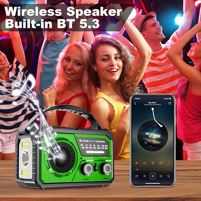 16000mAh Hand Crank Emergency Weather Radio with Wireless Speaker, 59200mWh NOAA AM FM Solar Radio with Flashlight Cell Phone Charger Reading Lamp Compass SOS for Camping and Survival (Green)