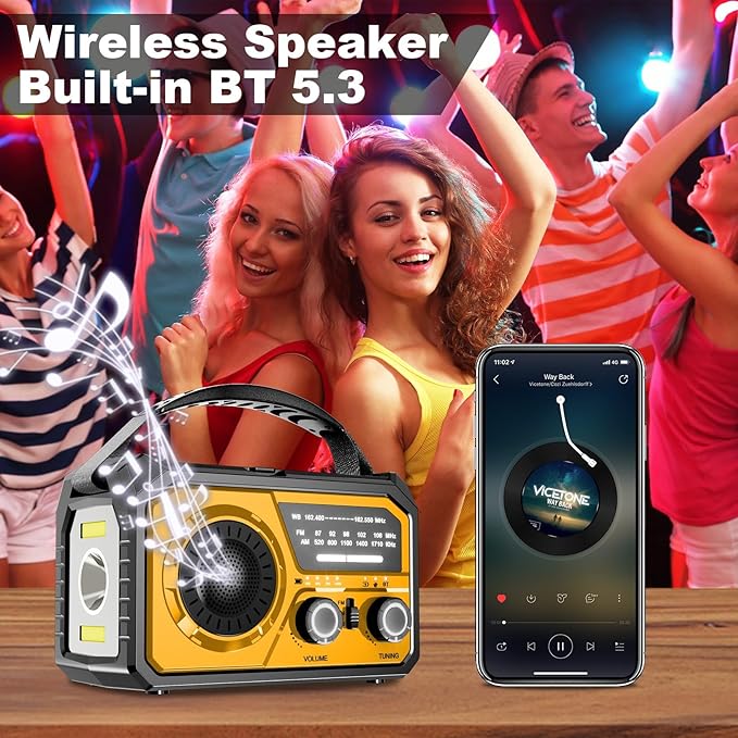 16000mAh Hand Crank Emergency Weather Radio with Wireless Speaker, 59200mWh NOAA AM FM Solar Radio with Flashlight Cell Phone Charger Reading Lamp Compass SOS for Camping and Survival (Orange)