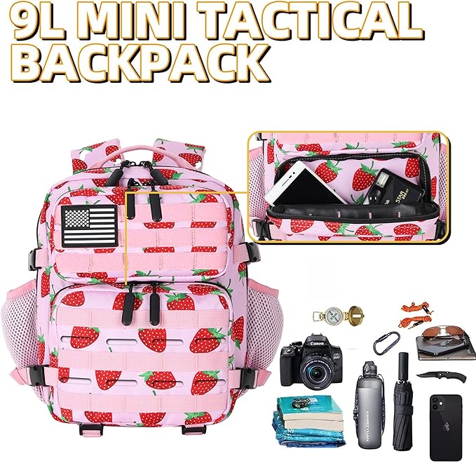 9L Mini Tactical Backpack 9L Assault Pack 9L Tactical Backpack Hiking Fitness Backpack(Strawberry)