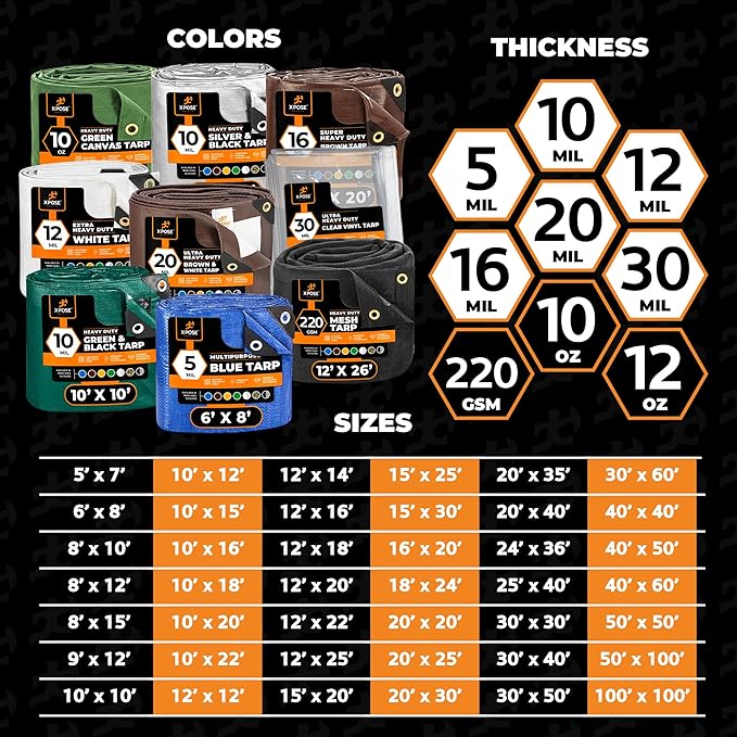 30' x 30' Super Heavy Duty 16 Mil Brown Poly Tarp Cover - Thick Waterproof, UV Resistant, Rip and Tear Proof Tarpaulin with Grommets and Reinforced Edges - by Xpose Safety