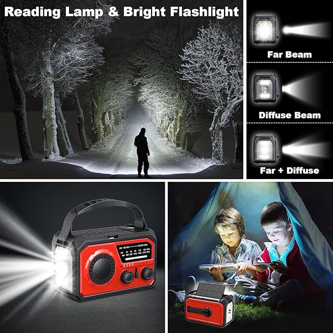16000mAh Hand Crank Emergency Weather Radio with Wireless Speaker, 59200mWh NOAA AM FM Solar Radio with Flashlight Cell Phone Charger Reading Lamp Compass SOS for Camping and Survival (Red)