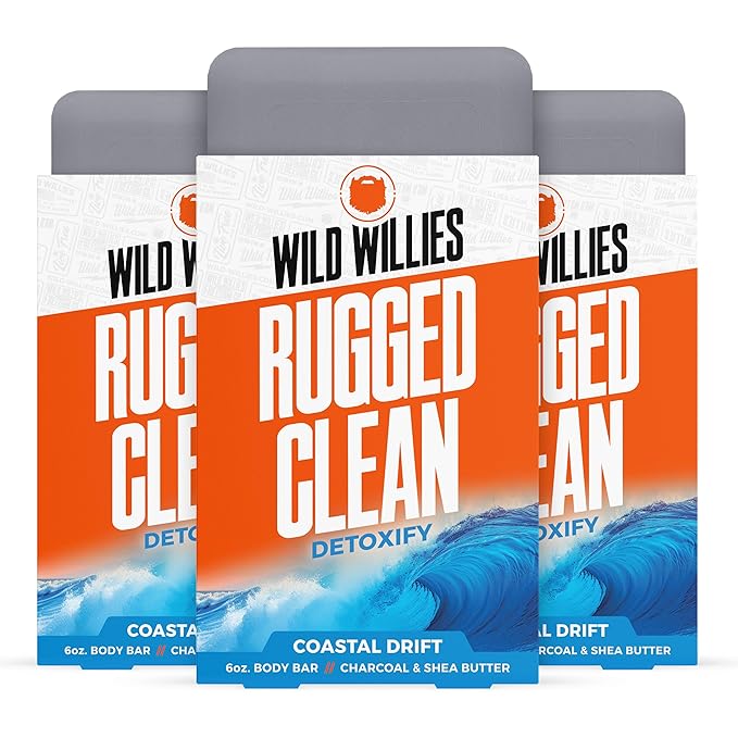 Wild Willies Moisturizing Mens Bar Soap - Bath Soaps with Shea Butter for Odor Protection - Natural Body Bar for Men - Coastal Drift Scent, 3 Pack