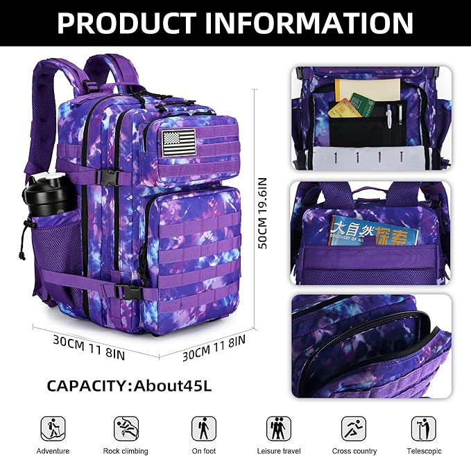 45L Tactical Assault Backpack 3 day assault pack with Molle Waterproof backpack Rucksack for Tactical Backpacks (Purple Camo)