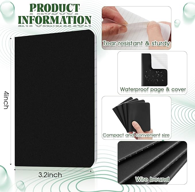 12 Pcs Black Waterproof Pocket Notebook 3.2" x 4" Field Notebook All Weather Notepad Small Rain Waterproof Notepad for Memo Travel Outdoor Tactical Activities Write, 32 Sheet, 64 Page
