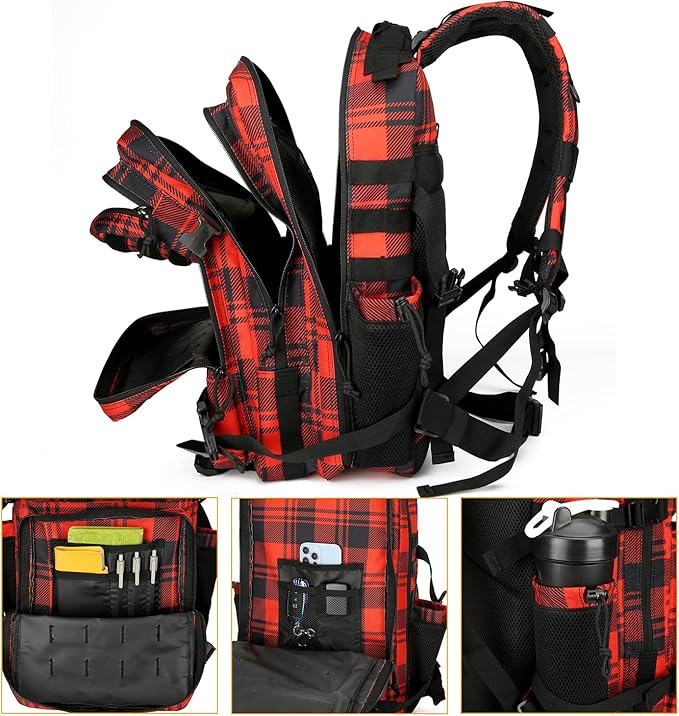 25L Tactical Backpack for Men Women Military Backpack Army Assault Pack Molle Backpack Small Bug Out Bag Travel Rucksack Daypack (Red Plaid)