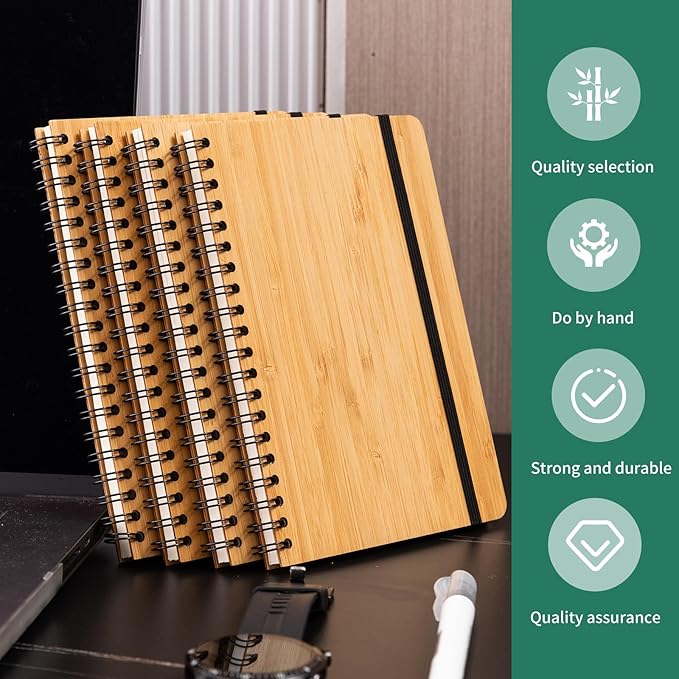 4 Set Lined Bamboo Journal Notebook,80 Pages,5.3”*7.2”,Hardcover Executive Notebooks,Daily Journal Notebook for Work,Travel,School,Note Taking,College (4)