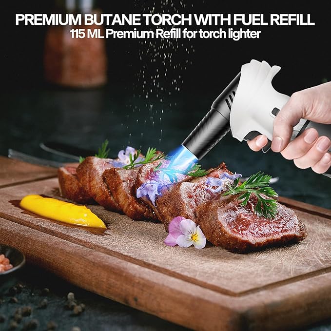 Butane Torch Lighter with Butane Included, 115Ml Butane Refill, 0-90°Rotating Angle Kitchen Torch, Refillable Creme Brulee Torch with Safety Lock, Adjustable Flame for Soldering, Cooking.