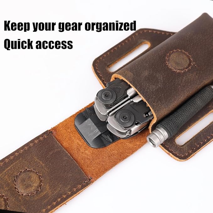 Topstache Leather Multitool Sheath for Belt - Multitool Holder - EDC Belt Organizer - Two Magnetic Closure - Darkbrown