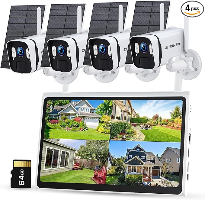 4MP Solar Powered Security Camera Outdoor Wireless System with 10" Monitor, 5G/2.4G WiFi 4PCS Outdoor Battery Camera with Solar Panel10CH Home Security System AI Human Detection 2-Way Audio