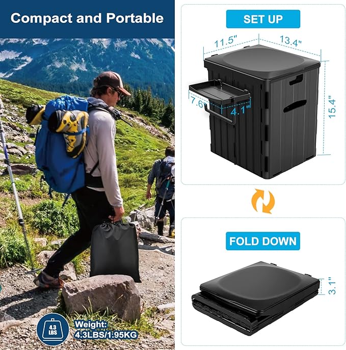 XL Portable Toilet for Adults, 15.4" H Foldable Camping Toilet with Detachable Phone Shelf and Toilet Paper Holder, Waterproof Porta Potty with Lid for Hiking, Long Road Trips, Car
